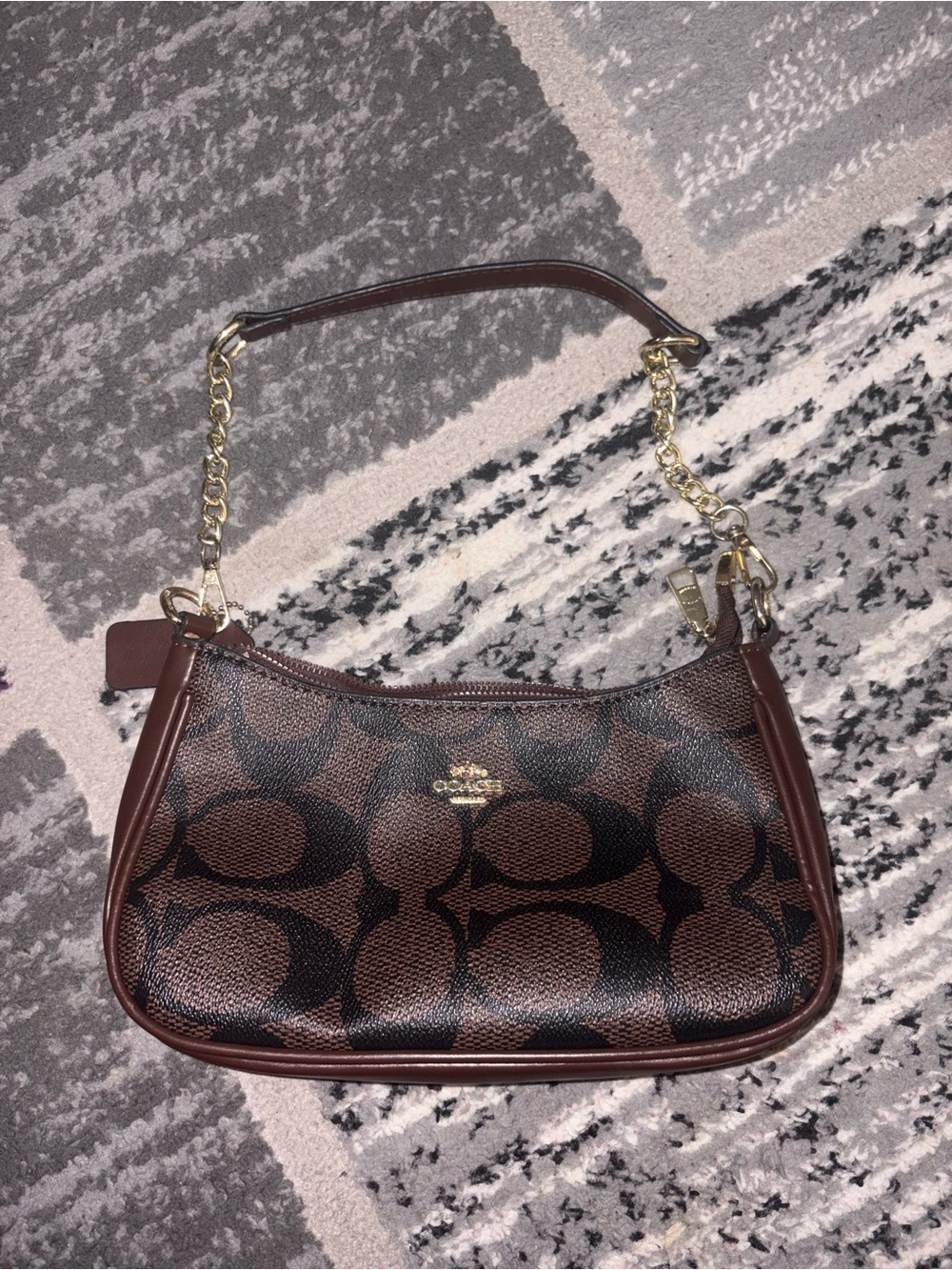 Coach Brown Signature Mini Shoulder Bag with Gold Chain Accent